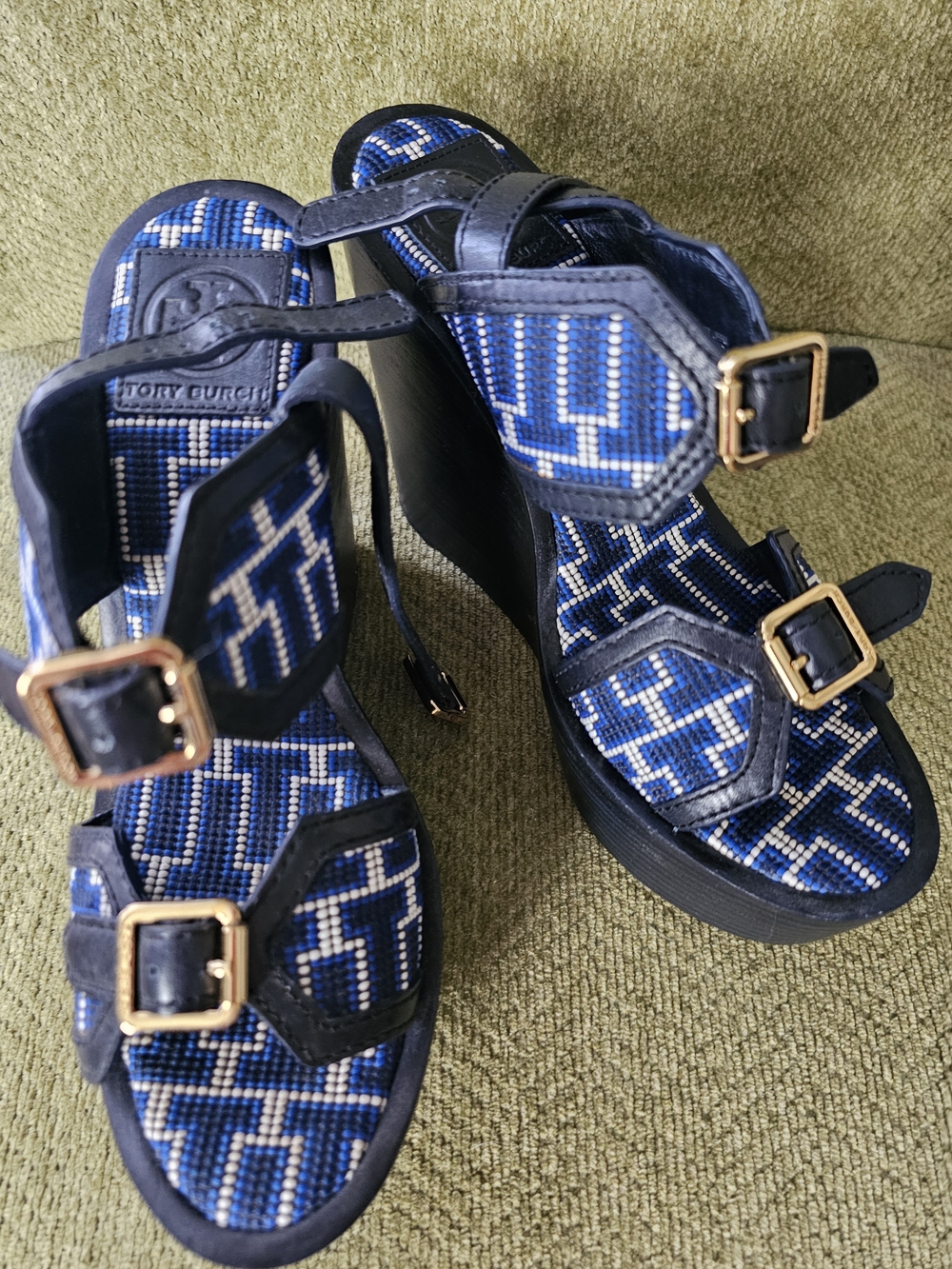 Tory Burch Blue Patterned Wedge Sandals with Gold Buckles